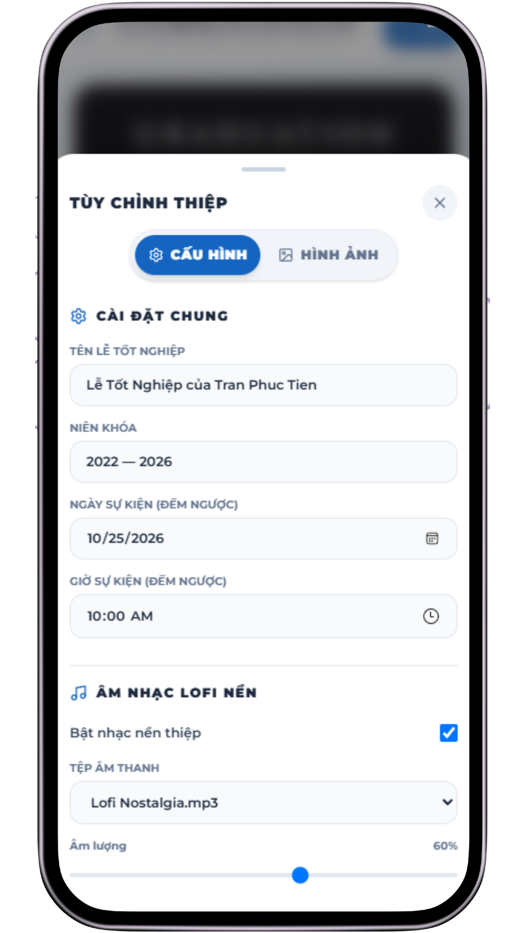 Bước 2 - Tùy chỉnh thông tin và nhạc nền